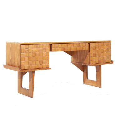 Paul Laszlo for Brown Saltman Mid Century Basket Weave Bleached Oak Desk - mcm 