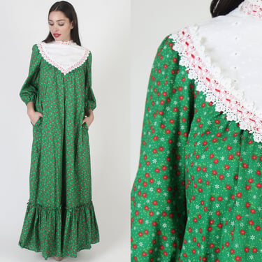 Liberty House Of Hawaii Holiday Party Dress, Long Plus Size Polynesian Caftan, 70s Christmas Style Moo Moo With Pockets - Size 12 