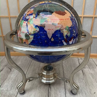 Vintage Gemstone Blue Lapis World Globe with Silver Tripod Stand
