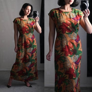 Vintage 80s HALSTON Bold Earthtone Floral Botanical Leaf Print Sleeveless Semi Sheer Maxi Dress | 1980s HALSTON Designer Maxi Summer Dress 