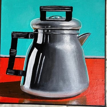 Pop Art Painting on Canvas titled Coffee Pot, 12 x 12, by NYC Artist Robert Box, former member of the 80s band The Shirts 