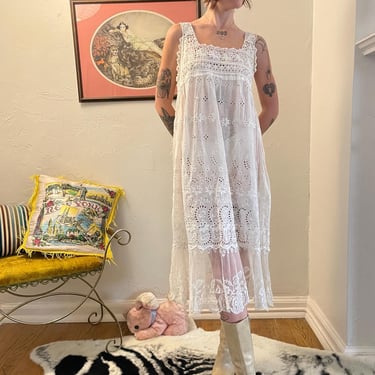 1910s Cottons Slip Dress with Crocheted Yoke size Small 