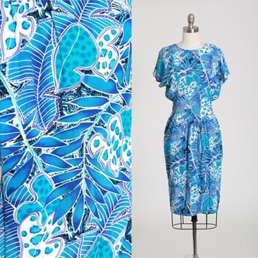 Vintage 80s tropical Hawaiian blue leaf rayon wiggle dress 