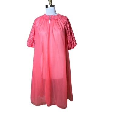 Vintage 60's Vanity Fair Hot Pink Chiffon Nylon Lace Peignoir Sheer Robe 34 
