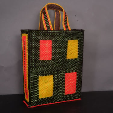 70s Needlepoint Tote Bag | Plastic with Woven Wool, Red & Yellow Squares | Granny Chic, Granny Core 