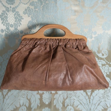 Vintage 1970s Extra Large Mocha Brown Leather Tote with Bermuda Bag Style Wooden Handles 