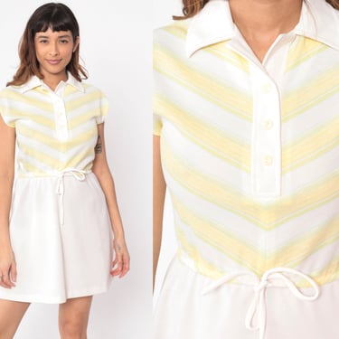 70s Mini Dress Chevron Striped Day Dress White Yellow Collared Button Up Mod High Waisted Tie Belt Cap Sleeve Retro Vintage 1970s Small S 