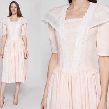 XS-Sm 80s Gunne Sax Pink Floral Sailor Collar Dress | Vintage Puff Sleeve Fit & Flare Basque Waist Midi Dress 