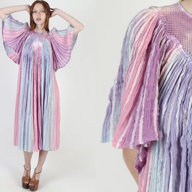 Pastel Angel Sleeve Gauze Dress / Thin Rainbow Metallic Threads / Sheer Cut Out Crochet Mesh Chest / Vintage 80s Kimono Grecian Midi Dress 