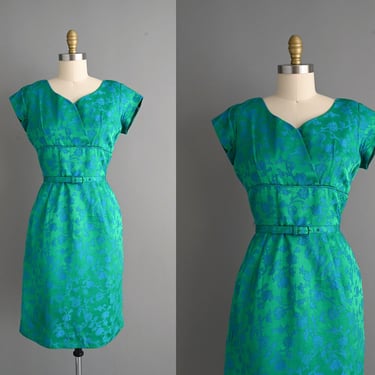 vintage 1950s Green Floral Cocktail Party Dress - Size Large 