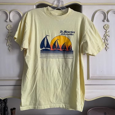 Vintage 1970’s ‘80s St. Marten tshirt | USA 50/50 poly cotton soft tee, sailboats & sunset graphic tee 
