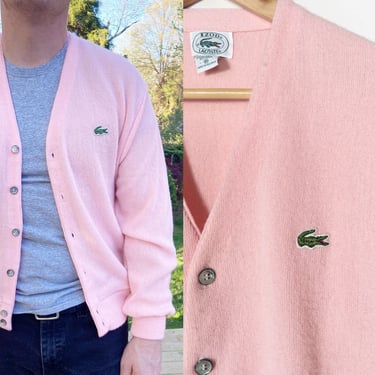 Vintage 80s Izod Lacoste Pastel Pink Mens Golf Cardigan Made In USA Size S/M 