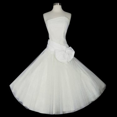 Vintage 80s Strapless White Glitter Taffeta Tulle Full Circle Skirt Prom Party Dress  XXS XS Extra Small Metallic Silver Polka Dot Big Bow 