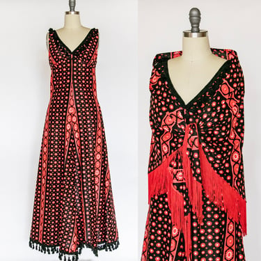 1970s Maxi Dress Printed Shawl Set Fringe S 