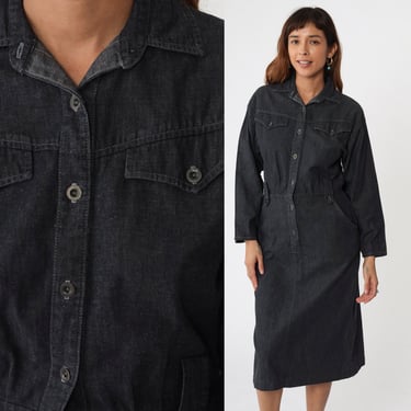 90s Denim Dress Black Jean Shirtdress Button Up Western High Waisted 1990s Midi Vintage Retro Long Sleeve Pocket Panhandle Slim Medium 