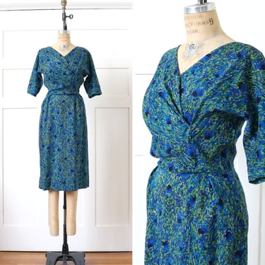 vintage 1950s ~ early 1960s peacock blue & green dress • tailored lightweight wool blend dress 