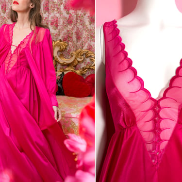 SET - Absolutely Beautiful Vintage 70s Dark Pink Peignoir Nightgown Two-Piece Ensemble 