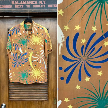 Vintage 1940’s Atomic Fireworks 4th of July Silky Rayon Hawaiian Shirt, Original, 40’s Vintage Clothing 