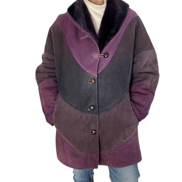 Vintage Unisex Purple Suede Leather Genuine Shearling Retro Western Jacket Sz L 