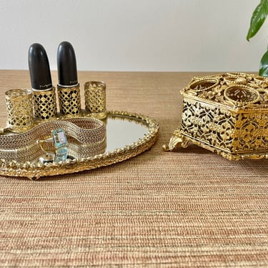 Vintage Gold Mirror Tray & Lipstick Holder - 24 Kt. Gold Filigree Lipstick Caddy - Ormulo Vanity Mirror Tray - Boudoir/Vanity Accessories 