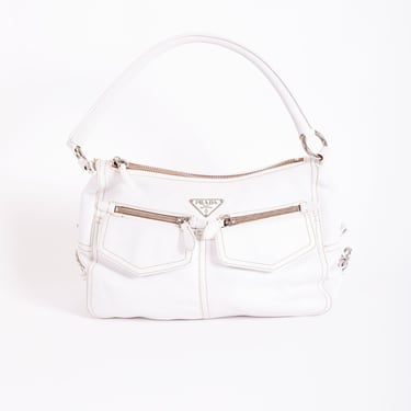 Vintage PRADA Textured Leather Buffalo Pocket Hobo Bag in White Minimal Tote Shoulder Bag Tessuto Multi Pocket Silver Hardware 