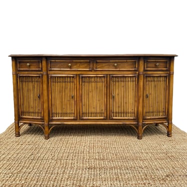 Faux Bamboo Buffet Server by Drexel with Wooden Table Top - Vintage Hollywood Regency Style Sideboard Cabinet with 5 Drawers 