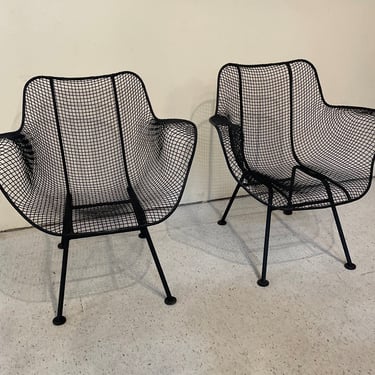 Pair- Vintage Russell Woodard Sculptura Black Iron Mesh Patio Chairs | 1950s outdoor furniture 