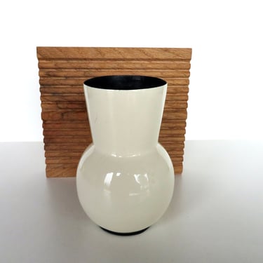 80s Post Modern Metal Enamel Vase, Vintage Ivory Memphis Modern Vase Home Decor 