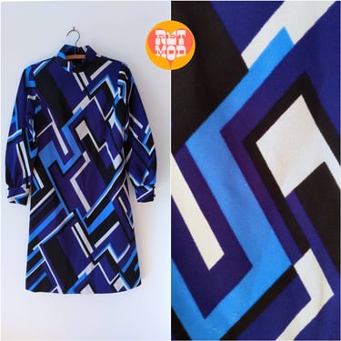 FANTASTIC Op Art Vintage 60s 70s Black Blue Indigo Geometric Shift Dress 