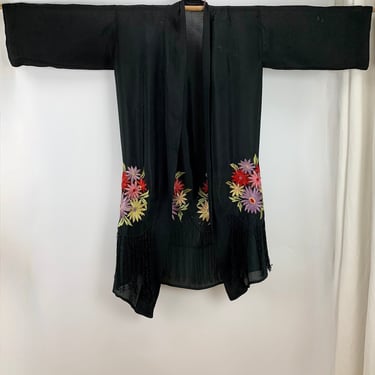 Authentic 1920's Embroidered Floral Duster - Kimono Style Wrap - Black Rayon - 8 Inch Fringe Detail  - Women's Size Medium 