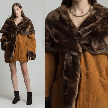 Vintage Beltrami Suede Plush Faux Fur Lined Coat - Large | 70s 80s Italian Chestnut Brown Button Up Long Winter Jacket 