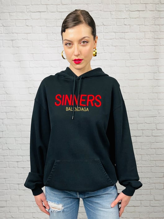 BALENCIAGA Sinners-embroidered Hooded Cotton Sweatshirt, Size XS, Black | Sell Sole | Belltown - Seattle, WA