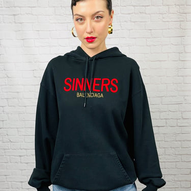 BALENCIAGA Sinners embroidered Hooded Cotton Sweatshirt Size XS Black Sell Your Sole Belltown Seattle WA