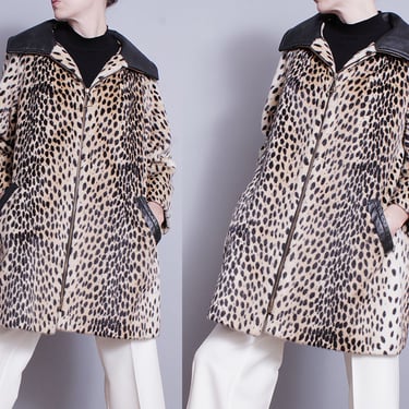 Vintage | 1960's | Leopard Print | Faux Fur | Leather | Mod | Animal Print | Coat | L 