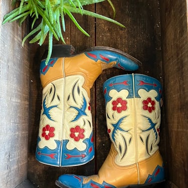 MONTANA Swallow Vintage Boots | Western Leather Inlay Boots | Cowgirl, Cowboy Southwestern, Festival | Womens Size 5 