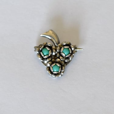 Tiny 40's sterling celluloid peony buds scatter pin, whimsical 925 silver faux turquoise flowers brooch 