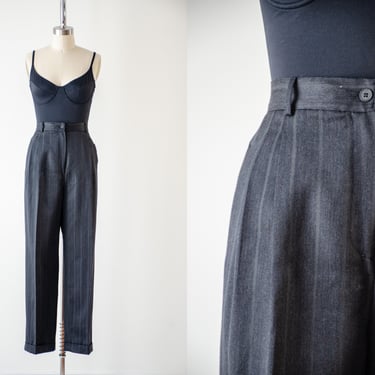 high waisted pants | 80s 90s vintage Harris Wallace charcoal gray striped dark academia wool trousers 