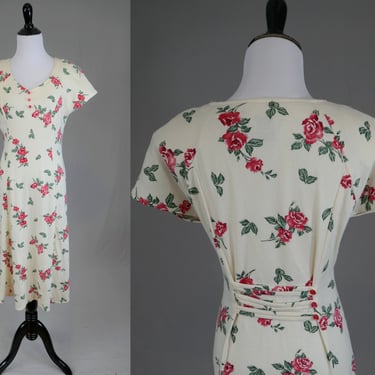 80s 90s Romantic Floral Dress - Off-White w/ Pink Red Green Print - Cotton Blend Knit  - Vintage 1980s 1990s - M L 