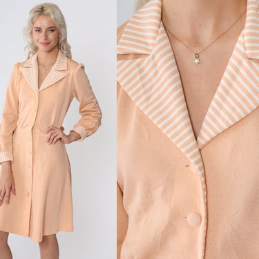 Peach Mini Dress 70s Mod Dress Puff Sleeve Striped Button up Pastel Collared V Neck High Waisted Secretary Shirtdress Vintage 1970s Small 