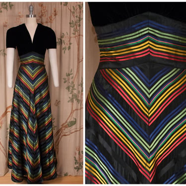 1930s Dress - Phenomenal Late 30s Vintage Evening Gown in Black Velvet with Lustrous Satin Rainbow Mitered Stripes Taffeta Skirt 