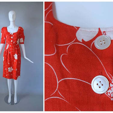Vintage 1980s Hanae Mori Red and White Hawaiian Floral Button Down Designer Dress 