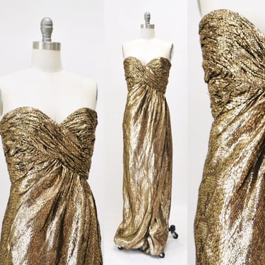 Gold Metallic 80 Strapless Dress Ball Gown Pageant Prom Dress XXS XS By Victor Costa // 80s 90s Vintage Gold Strapless Evening Gown Dress 