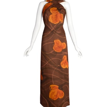 John Cavanagh Vintage 1960s Brown Floral Hand Painted Silk Chiffon Gown