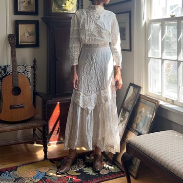 White Polkadot Victorian Dress of Cotton and Lace 