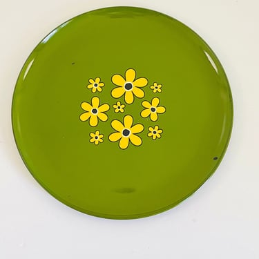 Vintage 1970s Retro Flower Power Green MOD Plastic Lacquer Japan Painted Round Tray 