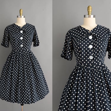 vintage 1950s Dress | Black Cotton Polka Dot Print Full Skirt Shirtwaist Dress | Large 