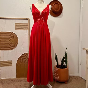 Vintage Olga USA Red Silky Lace Trim Deep V Open Back Maxi Slip Lingerie Dress M 