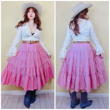 1980s Vintage Pink Tiered Midi Skirt / 80s Western Circle Prairie Skirt / Small - Medium 
