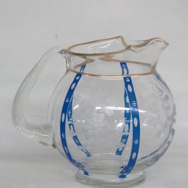 Floral Etched Blue and Gold Striped Glass Round Ball Coffee Pot Pitcher 3055B