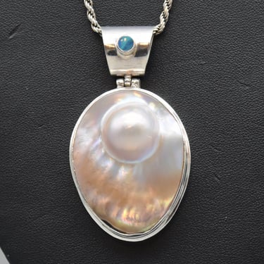 Avant Garde 70's blister pearl opal 925 silver pendant, asymmetrical oval shell pearl sterling rope chain necklace 